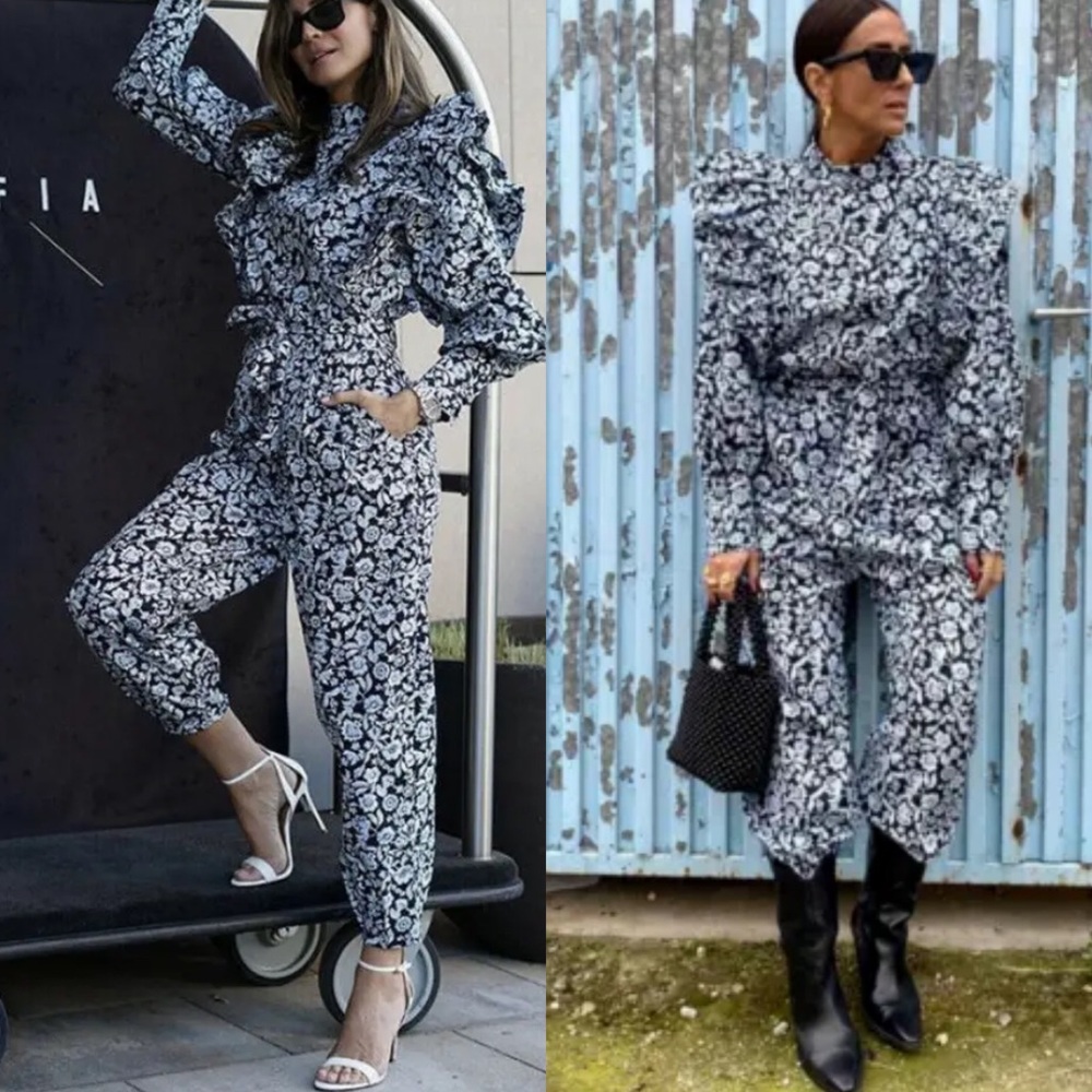 Zara Blue Floral Poplin Jumpsuit